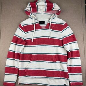 Lucky Brand Hoodie Men M Red White‎ Blue Striped Baja Pullover Sweater Knit